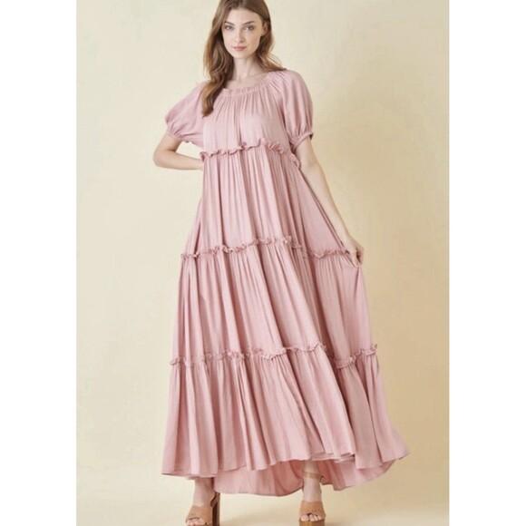Fore Dresses & Skirts - Fore Womens Pink Tiered Maxi Dress Size Medium Cottagecore Prairie Boho Peasant